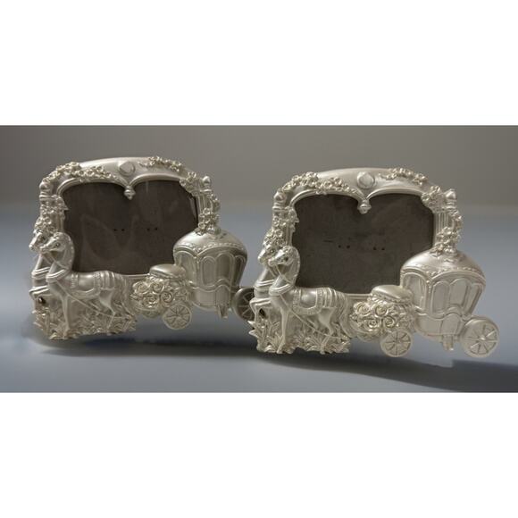 Sales Set Of2 Silver Frame Table Shelf Card Photo Horses Pumpkin Carriage Holder - Picture 1 of 5